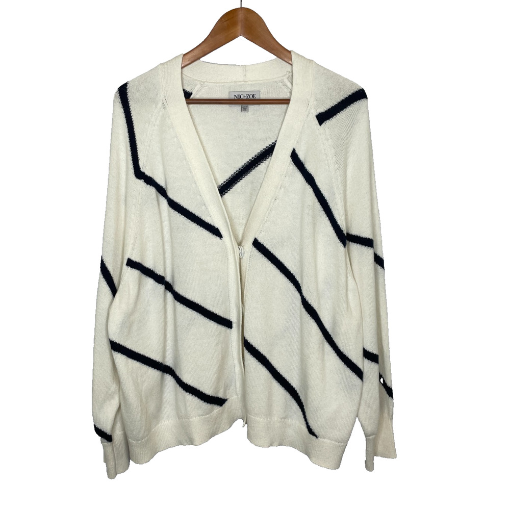 Women's 2X Nic & Zoe Cotton Cashmere Blend White Stripe Cardigan Sweater